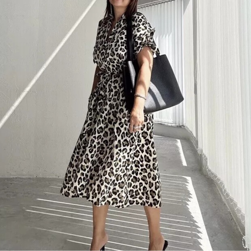 Zara Leopard Print Midi Dress - Beige and Black
